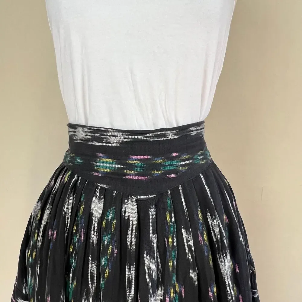 Vintage Ikat El Huarache skirt Sz M fringe Tiered Boho Gypsy Full ethnic 70s